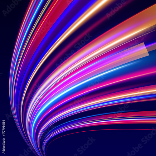 Abstract glowing lines cross a dynamic road surface. The speed effect creates a sense of flight through light. Vivid neon motion paints the futuristic landscape.