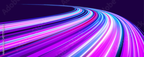 A glowing track bends into the neon distance. Fast light lines stretch forward in luminous motion. The scene radiates future speed and night energy.