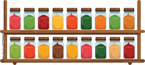 Wooden spice rack with a collection of colorful seasoning jars for cooking isolated flat vector illustration