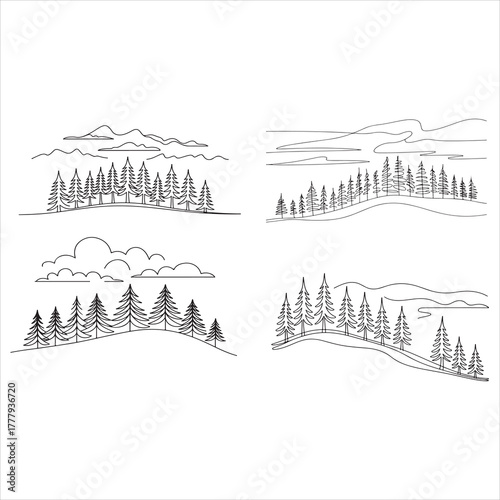 A collection of four minimalist vector line art designs of evergreen forests on rolling hills with mountain scenery