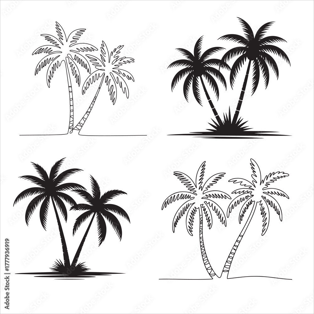 Fototapeta premium Set of Tropical Palm Tree Silhouettes Ideal for Summer Travel & Vacation Designs