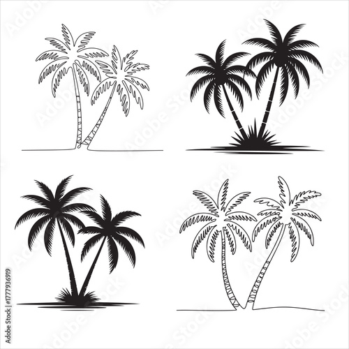 Set of Tropical Palm Tree Silhouettes Ideal for Summer Travel & Vacation Designs