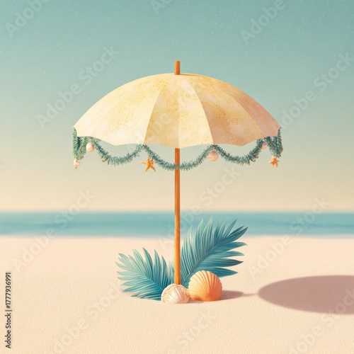 Wallpaper Mural Christmas Beach Umbrella with Garland and Pineapples – Minimal Tropical Holiday Still Life Torontodigital.ca