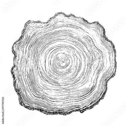 Tree ring cross section vector illustration, wood growth rings, tree age, tree trunk slice, black and white art