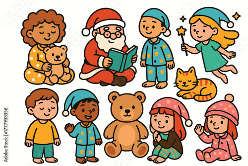 Santa claus reads bedtime stories to children and toys