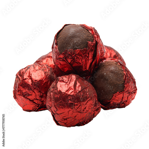 Chocolate Truffles Wrapped in Shiny Red Foil on a Plain Background