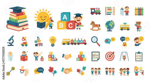Colorful Education and Learning Icons Collection for Children.
