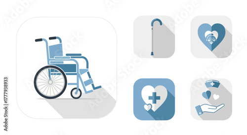Blue Wheelchair and Medical Icons with Long Shadows.