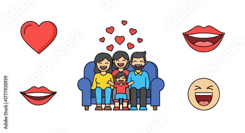 Happy Family of Four Sitting Together on a Sofa Surrounded by Love and Laughter Icons.
