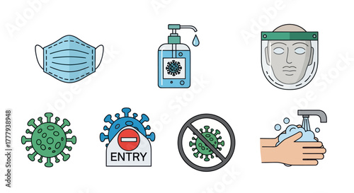 COVID-19 Prevention Icons: Mask Sanitizer Face Shield Virus Hand Washing.