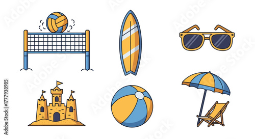 Colorful Beach-Themed Illustration with Volleyball Surfboard Sunglasses and More.
