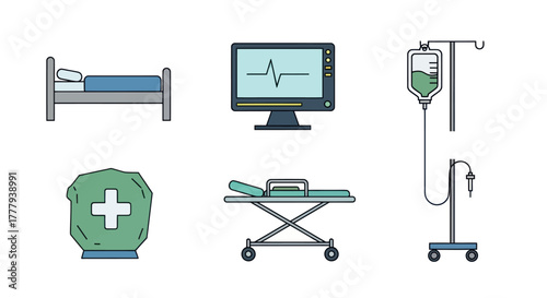 Essential Medical Equipment Collection: Hospital Bed Monitor IV Drip First Aid Stretcher.