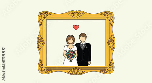 Illustration of a wedding couple inside an ornate golden frame with a heart