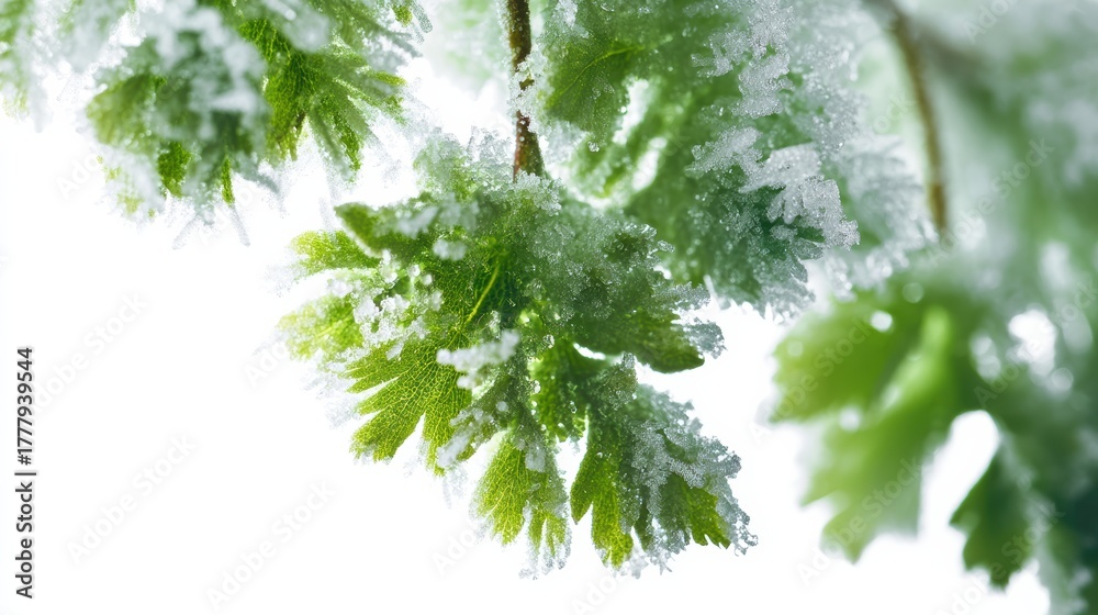 Fototapeta premium Frost on green leaves and branches