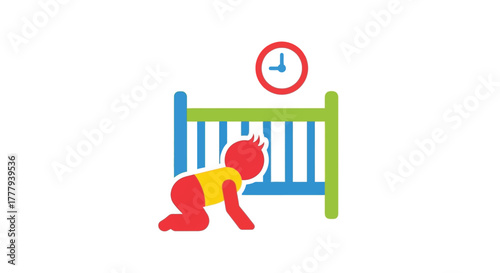 Baby crawling toward a crib with a clock above it illustration