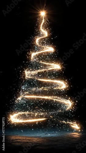 Beautiful sparkling Christmas tree made from blue and gold glowing particles. Festive holiday light display for celebration, card, decoration. Vertical 2026 New year golden background.