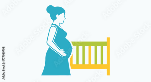 A pregnant woman standing near a baby crib in silhouette style