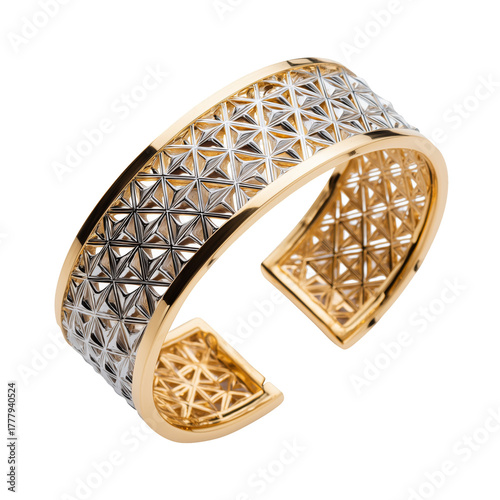 Elegant Cuff Bracelet Design With Gold and Silver Patterns Displayed on a Whi...