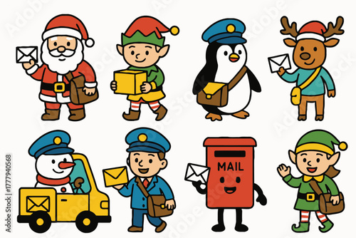 Christmas characters delivering mail and packages with festive cheer