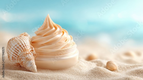 A delicious swirl of cream rests in a shell on warm sand with gentle waves nearby.