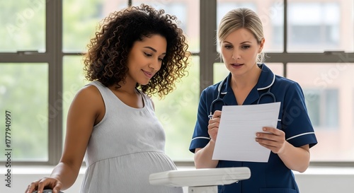 Caring nurse reviews medical chart with expectant mother in modern clinic setting, offering support and guidance during pregnancy checkup