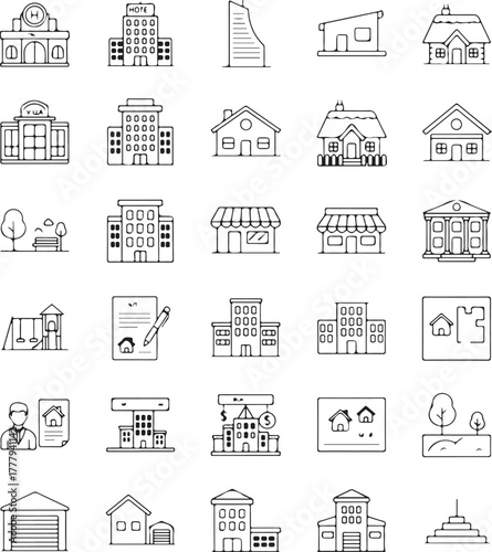 City and urban life thin line icon set. Symbols for buildings, real estate, and cityscape

