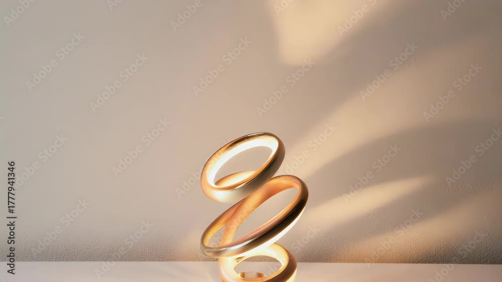 Sculptural lamp with nested rings, lit from within, casting shadows on the wall