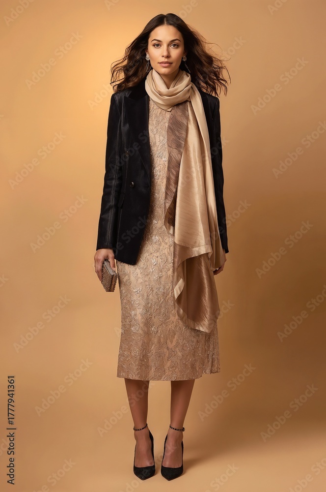 Naklejka premium A woman in a dress, blazer, scarf, heels, and clutch arranged in warm, elegant lighting. Represents a sophisticated holiday fashion and festive wardrobe. 
