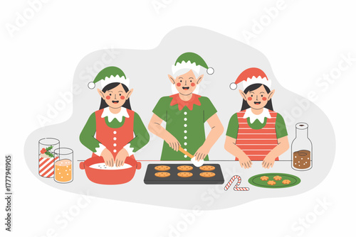 Joyful elves happily baking festive Christmas cookies together in a cozy kitchen.