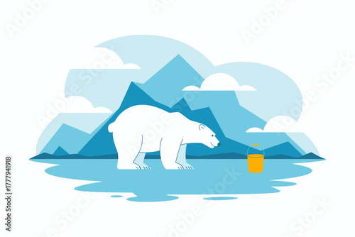 Polar bear stands on melting ice floe near a small yellow buoy, representing environmental change.