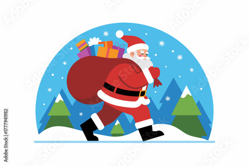 Joyful Santa Claus carrying a sack of presents through a snowy winter landscape