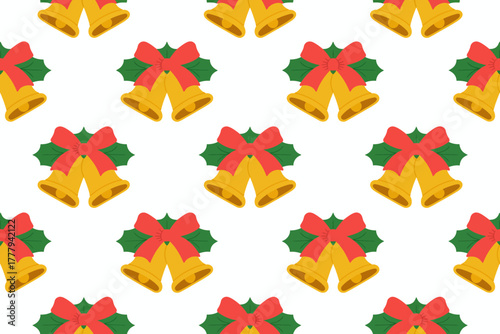 Festive golden bells adorned with red bows and green holly leaves, creating a joyful Christmas pattern.