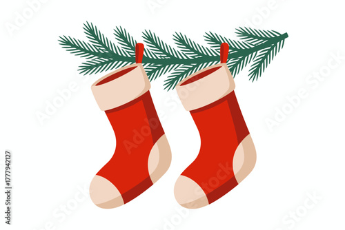 Festive red Christmas stockings hang from a green fir branch, ready for holiday gifts.