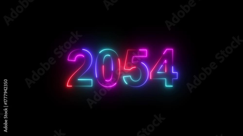 2054 neon line text. Abstract 2054 neon text animation, Glowing neon number text background. Four color Glowing neon line number text background 4k. happy new year 2054 animated