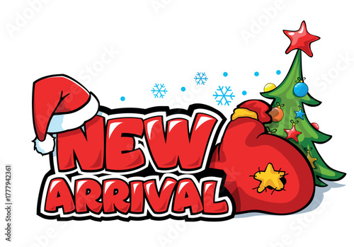Christmas new arrival advertising template. Santa hat, gift bag and christmas tree. Winter seasonal sales, black friday. Vector on transparent background