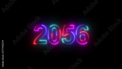 2056 neon line text. Abstract 2056 neon text animation, Glowing neon number text background. Four color Glowing neon line number text background 4k. happy new year 2056 animated