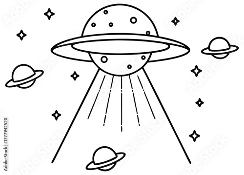 Simple outline drawing of a rocket launching from the planet earth into outer space with a fiery trail