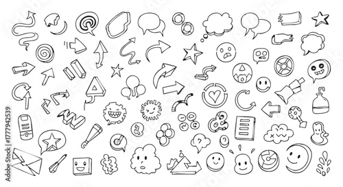 Collection of hand drawn doodle icons and symbols on white background
