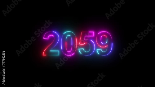 2069 neon line text. Abstract 2059 neon text animation, Glowing neon number text background. Four color Glowing neon line number text background 4k. happy new year 2059 animated