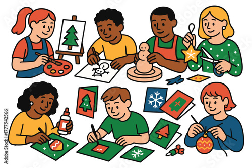 Children happily engaged in festive holiday arts and crafts activities together