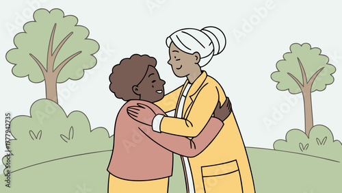 Cartoon drawing of a smiling family with mother, father, children, and a boy standing by a tree in a garden