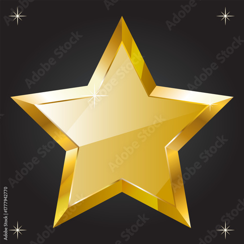 Shiny golden star with 3D effect on a dark background. Award or rating symbol.