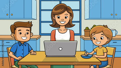 Vector cartoon illustration of business people working together on a laptop at an office desk