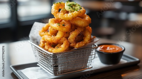 A stack of crispy fried onion rings served with dipping sauce on a tray in restaurant