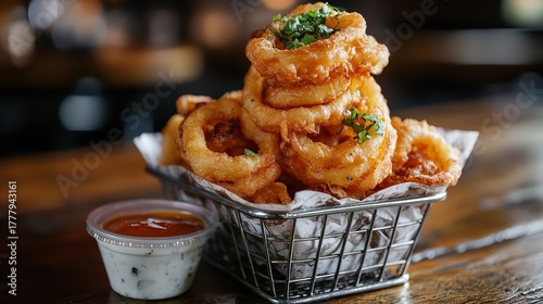 A basket of crispy fried onion rings with dipping sauce, garnished with parsley, a tasty appetizer