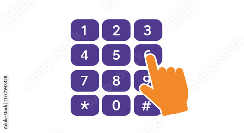 A hand presses the number six button on a purple keypad interface