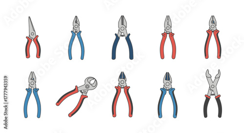 Diverse set of hand pliers with colorful insulated handles.