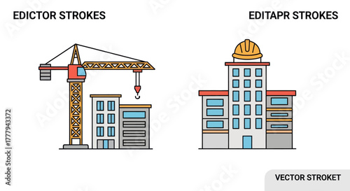 Illustrated Construction Site with Crane and Building Vector.