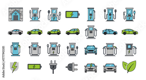Collection of Electric Vehicle Charging Stations and Related Icons.