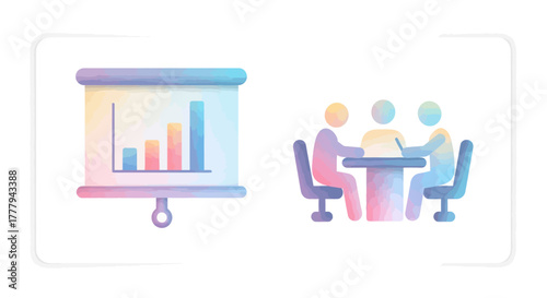 Colorful 3D Business Presentation and Meeting Icons with Bar Chart.